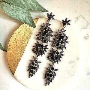 2/$30🌵 Art Deco Vintage Style Nouveau Leaf Black Silver Crystal Earrings NEW